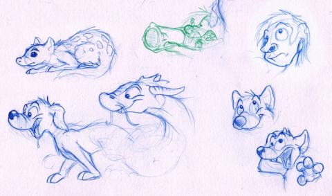 Various Sketches, including a Quoll, a Dragon, a Dog