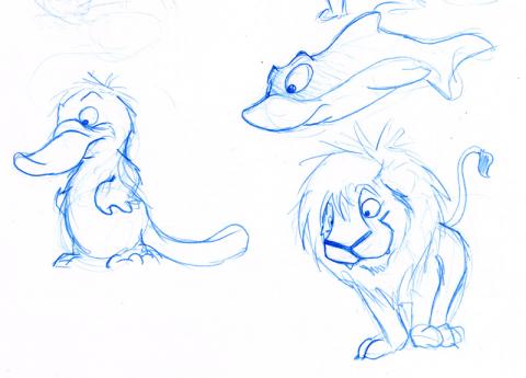 Various Sketches, including a cartoon platypus, fish and lion