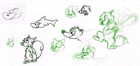 Various Sketches, including a Squirrel, an Alligator, a Coati, a Cheetah and a Fox