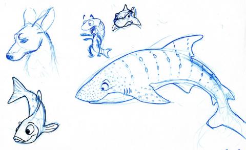 a Whale shark, a shrimp, random fishes and a kangaroo