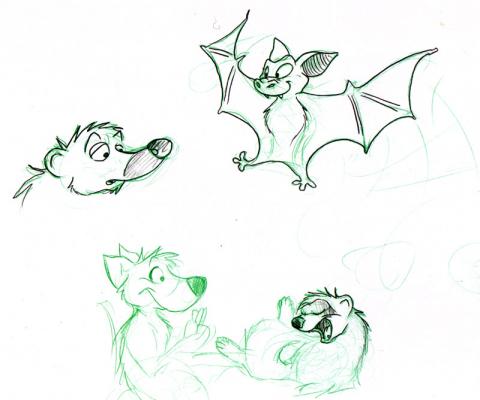 Random sketches including a bat, a coati and a ferret