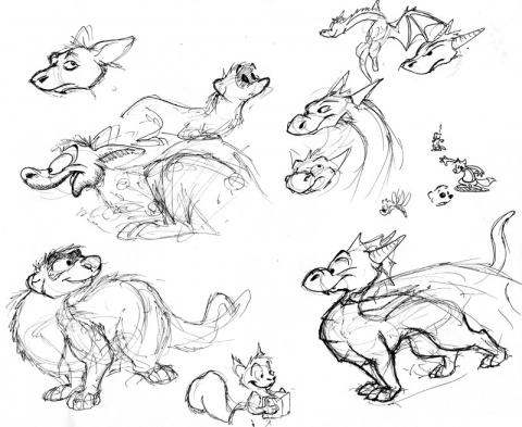 fineliner sketches, dragons, ferrets, kangaroos