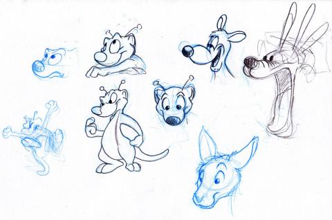 Verious sketches, including a kangaroo, spaceferrets and pluto