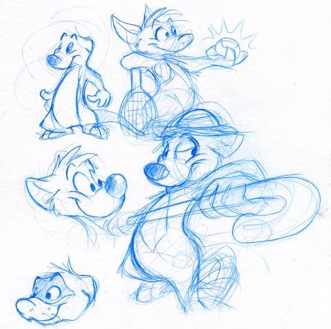 Various cartoon sketches including a kangaroo and a ferret