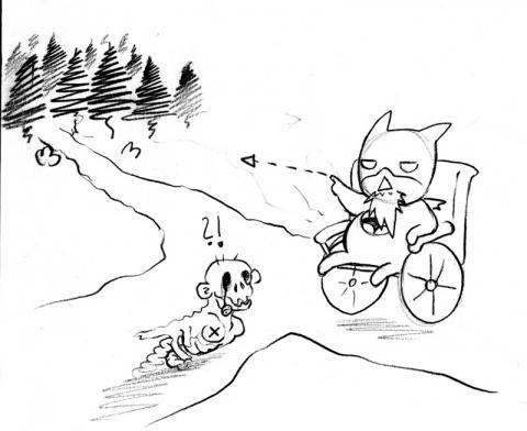 A bearded Batman in a wheelchair shows a Zombie-torso the way to the near wood.