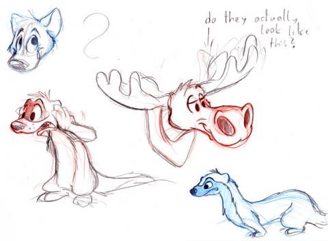 Various cartoon drawings, including a moose, a wolf and a ferret