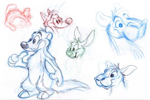 Random cartoon doodles, including a fox, a rabbit, camels and a weasel