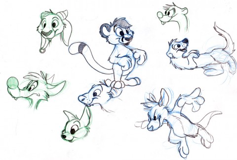 Cartoon Characters: Cougari, Bent-Tail, a weasel, goat from hunchback of notre dame, a kangaroo and a bunny