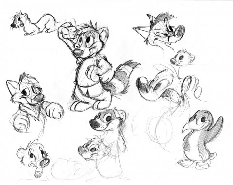 Cartoon foxes, a raccoon, ferrets and a penguin