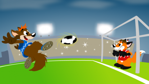 cartoon Fox and Wolf playing soccer