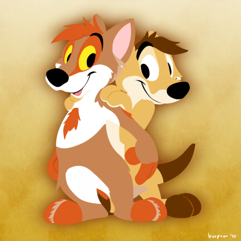 Cartoon thylacine and coyote in lineless style