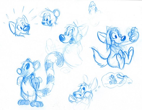 Sketches of Taxi the Lemur, Cougari, Tally and a random Canid