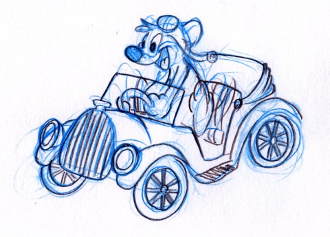 Cartoon tasmanian Tiger driving a veteran car.
