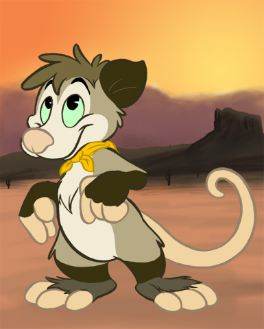 Drawing of a cartoon Opossum in desert