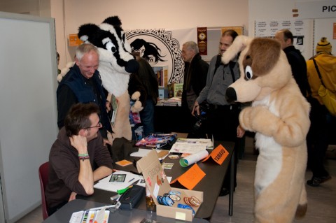 Andi, Thomas KÃ¼hberger, Eddie Badger and Dog at our table.