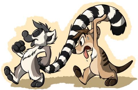 A cartoon thylacine carring the giant tail of a ringtailed lemur.