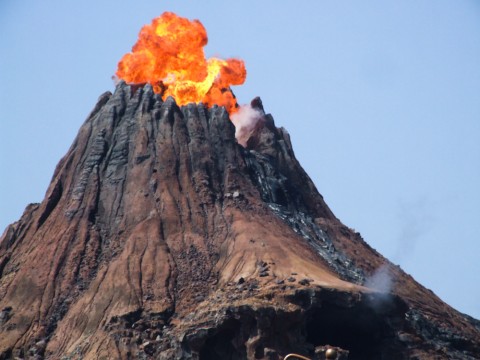 The volcano spits fire every now and then.