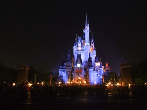 The castle at night in Disneyland Tokyo.