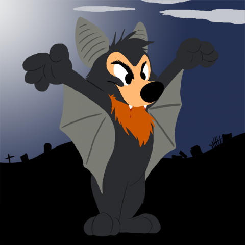 Baseball the cartoon spectacled flying fox looking all scary