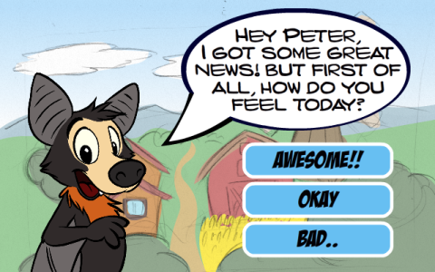 A giant talking anthropomorphic cartoon spectacled flying fox asking you how you feel.