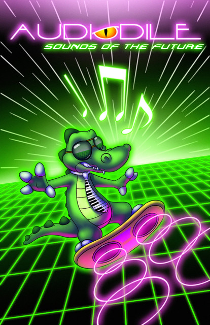 80s-themed poster for Audiodile's dance at Biggest Little Furcon, drawn by karpour and Eligecos.