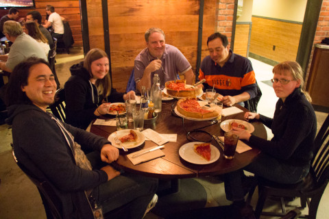 Dax, Latte, Croc, Yippee, Henrieke enjoying some tasty Chicago style pizza.