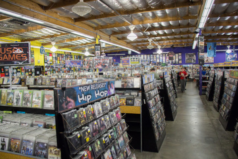 Seemingly endless racks of CDs, LPs, VHS Cassettes...