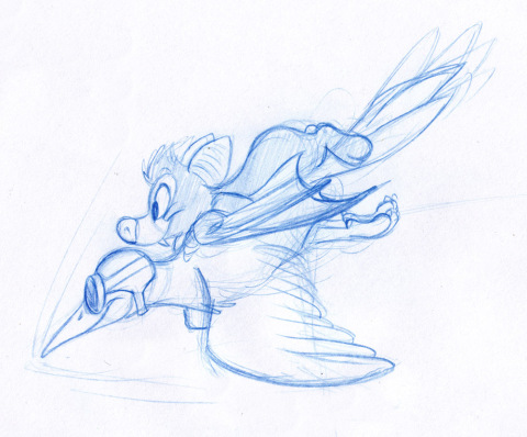 Baseball the spectacled flying fox getting a ride on Henrieke's bird character Jack.
