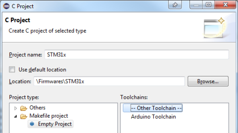 Create a new C project in Eclipse (CDT must obviously be installed) and choose the STM31x project folder as existing location