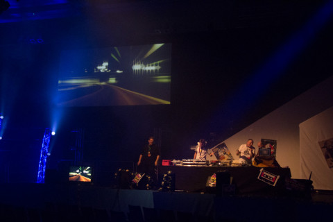 DJs on stage at the 80s dance.